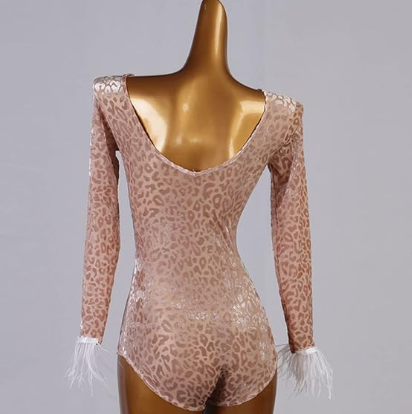 Leopard Print Feather Sleeves Bodysuit Pra 714_SALE