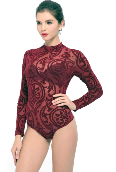 Women's Sheer Red Long Sleeve Leotard Pra 1485_Sale