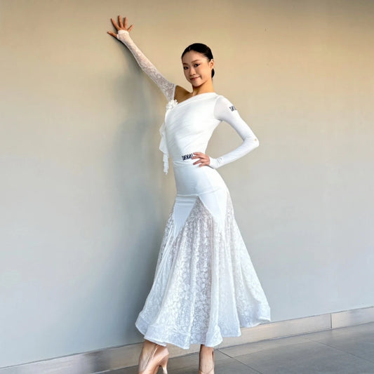 Women's White Lace Ballroom Dress with Irregular Sleeves Pra 1482
