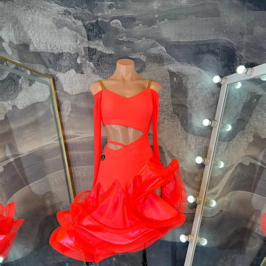 Ladies Latin Dress with Long Sleeves and Ruffle Hem Pra 1392