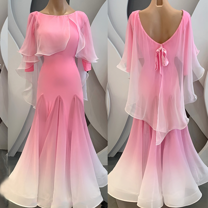 Pink to White Ombré Ballroom Practice Dress with 3/4 Length Sleeves, Capelet, and Ribbon Tie on Back PRA 1016 in Stock