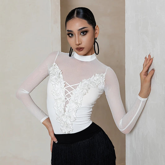 Women's Black or White Mesh Bodysuit with Detail along Chest Pra 1402