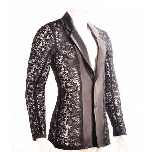 Men's Black Latin or Rhythm Tuck Out Lace Shirt with Long Sleeves, V-Neck, and Satin Collar M086 in Stock