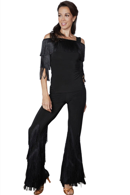 Ladies' black dancing pants with spiral fringe