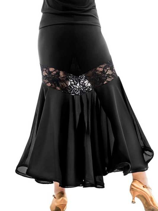 Victoria Blitz APE Long Black Ballroom Practice Skirt with Shimmer Stretch Lace Appliqué Insert PRA 994 in Stock