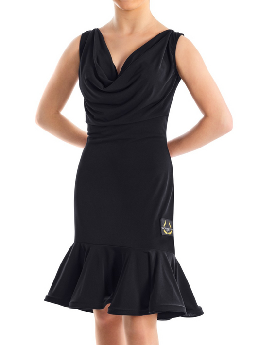 Sleeveless Black Latin Practice Dress with Draping Design at V-Neckline and Flared Skirt 