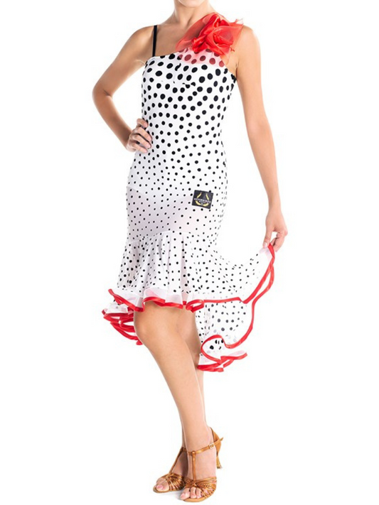 White Mesh Latin Practice Dress with Black Velvet Polka Dots and Red Flower Detail