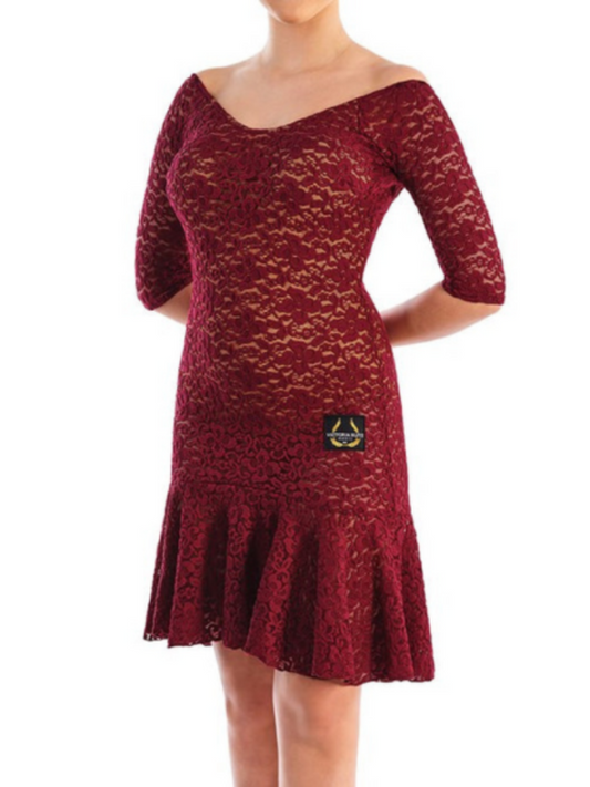 Victoria Blitz Burgundy Lace Latin Dress with V-Neckline, 3/4 Sleeves, and Low Cut Back PRA 750 in Stock