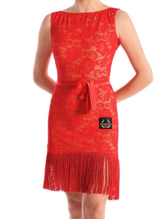 Victoria Blitz RAVEN Red Latin Practice Dress with Boat Neck, Lace Overlay, Satin Tie Wrap, and Fringe Hem PRA 745 in Stock