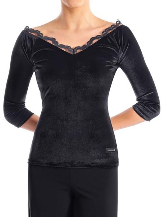 Victoria Blitz PAGE Black Velvet Ballroom Practice Top with V-Neckline, Scalloped Lace Trim, and 3/4 Sleeves PRA 738 in Stock