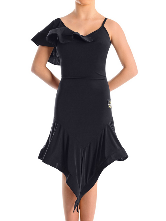 Victoria Blitz SIRACUSA Black Latin Practice Dress with Frill on Shoulder, Unique Asymmetrical Skirt, and Open Back PRA 723 in Stock