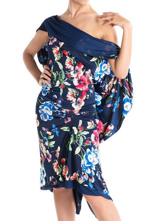 Victoria Blitz MANTOVA Navy Blue Floral Latin Practice Dress with Drape Neckline and Back Available in Sizes XS-3XL PRA 997 in Stock