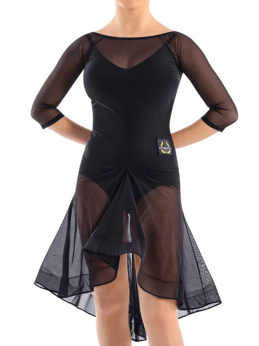 Victoria Blitz NAOMI Sheer Black Latin Practice Dress with Boat Neck, 3/4 Length Mesh Sleeves, and Gathered Detail in Front of Skirt PRA 733 in Stock