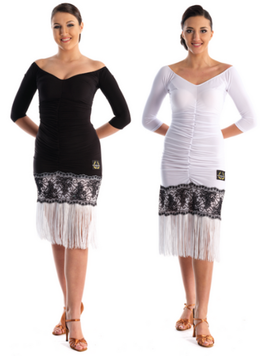 Victoria Blitz PRUE Black or White Ruched Latin Dress with Wide Neckline, 3/4 Sleeves, Flock Pattern, and Fringe Hemline PRA 741 in Stock