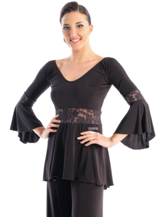 Victoria Blitz REGGIO Ballroom or Latin Black Practice V-Neck Top with 3/4 Bell Sleeves, Flared Bottom, and Lace Patterned Bands PRA 747 in Stock