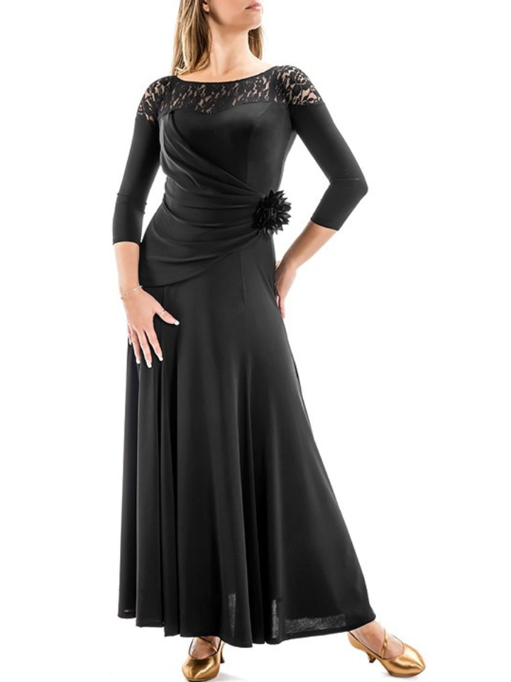 Black Ballroom Practice Dress with Lace Neckline, 3/4 Length Sleeves, and Ruching