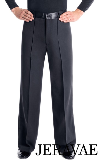 Victoria Blitz Men's Black Latin or Ballroom Dance Pants with Satin Waistband, Belt Loops, and Stripe on Sides MP11 in Stock