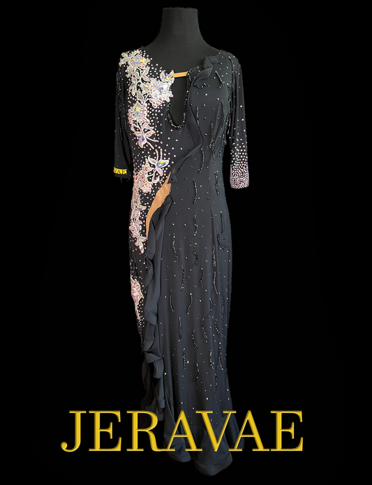 black latin costume dress with white lace appliqué and plunging neckline with high side slit