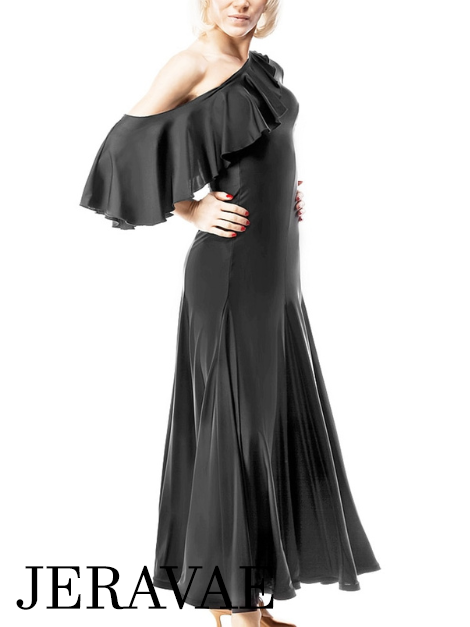 Long Black Lycra Ballroom Practice Dress with One Ruffle Sash off Shoulder PRA 051_SALE