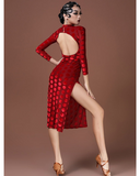 Unique Red Latin Practice Dress with Raised Velvet Polka Dots, Long Sleeves, Open Back, and Long Skirt with Sexy Slit Pra756_in