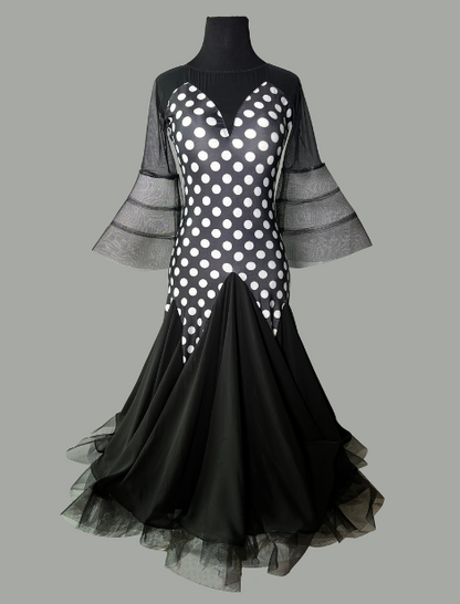 Black Ballroom Practice Dress with White Polka Dots, Illusion Neckline, and Flared Crinoline Sleeves and Skirt Hem PRA 1005 in Stock