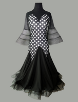 Black Ballroom Practice Dress with White Polka Dots, Illusion Neckline, and Flared Crinoline Sleeves and Skirt Hem Pra1005 in Stock