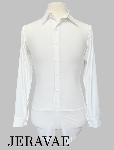 Men's White Long Sleeve Button Down Ballroom Dance Shirt with Built-in Briefs and Collar M079 in Stock