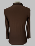 Men's Brown Button Down Tuck Out Style Latin or Country Dance Shirt with Long Sleeves, Collar, and Faux Front Pockets M084 in Stock