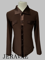 Men's Brown Button Down Tuck Out Style Latin or Country Dance Shirt with Long Sleeves, Collar, and Faux Front Pockets M084 in Stock
