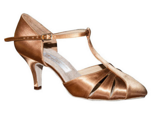 Aida Vika 032E Tan Satin Ladies Smooth Ballroom Shoe with T-Strap Design in Stock