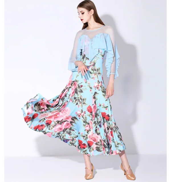 Light Blue Floral Standard Ballroom Practice Dress with Illusion Neckline and Mesh Sleeves with Attached Chiffon Floats PRA 1080_sale