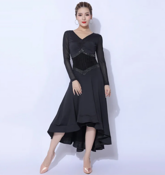 black ballroom dress with ribbed corset waistline and asymmetrical hem