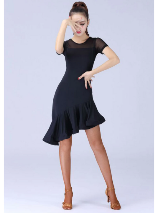 Short Mesh Sleeve Black Latin Practice Dress with Asymmetrical Ruffle Hem PRA 1084_sale