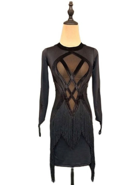 Long Sleeve Latin Practice Dress with Mesh Cutouts, Nude Lining, Fringe, and Satin Details PRA 668_sale