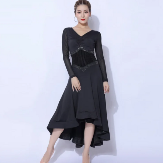 Black Ballroom Practice Dress with Ribbed Velvet Corset Style Waist and Asymmetrical Hem PRA 1082_sale