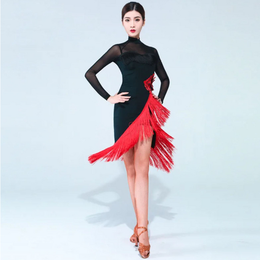 Black Latin Practice Dress with Long Mesh Sleeves, Lace Appliqué Flower Detail, and Red Fringe Hem PRA 1081_sale