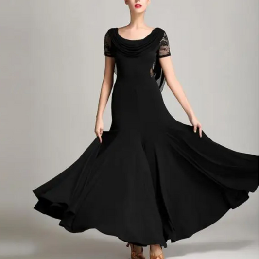 Women's Ballroom Dance Practice Dress with Short Lace Sleeves and Draped Mesh Neckline PRA 1079_sale