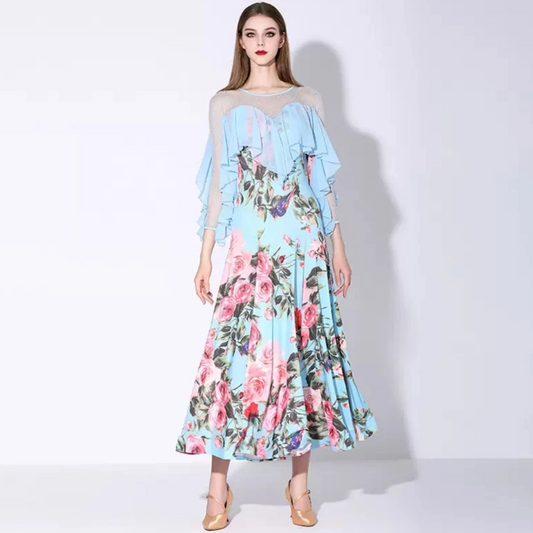 Light Blue Floral Standard Ballroom Practice Dress with Illusion Neckline and Mesh Sleeves with Attached Chiffon Floats PRA 1080_sale