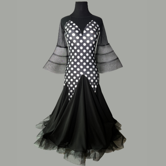 Black and White Polka Dot Ballroom Practice Dress with Flared Crinoline Sleeves and Skirt Hem PRA 1005_sale