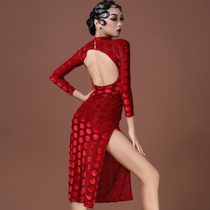 Velvet Polka Dot Red Latin Practice Dress with Slit in Skirt and Open Back PRA 756_sale