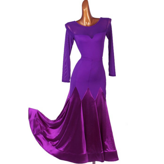 Two Piece Purple Ballroom Practice Skirt with Long Sleeve Bodysuit with Mesh Panels and Long Skirt with Satin Gussets PRA 903_sale