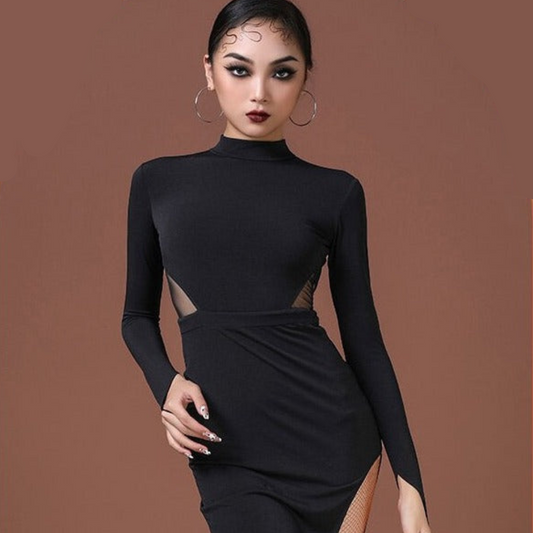 Black Latin Dress with Open Back, Mesh Cutouts, and Side Slit PRA 762_sale
