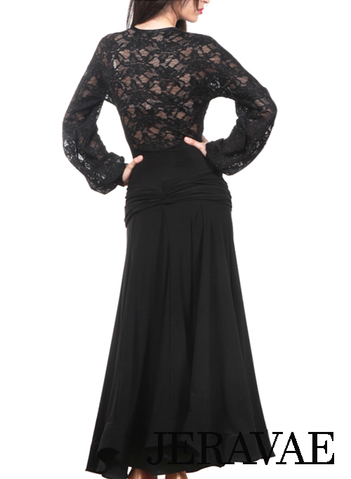Victoria Blitz Black Ballroom Practice Dress with V-Neckline, Stretch Lace Top, and Front Zipper PRA 1013 in Stock