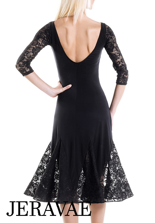 Victoria Blitz ELLA Black Latin Practice Dress with Lace Inserts, 3/4 Sleeves, and High Slit PRA 1015 in Stock