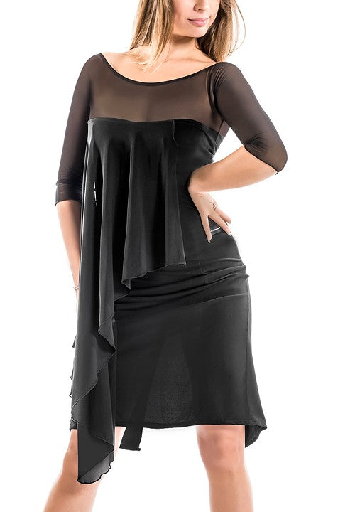 Victoria Blitz SCOZZA Black Latin Practice Dress with 3/4 Sleeves and See-Through Wrap Around Layer PRA 1014 in Stock