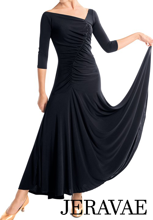 Victoria Blitz VICENZA Black Ballroom Practice Dress with 3/4 Sleeves and Ruched Front Sizes XS-3XL PRA 1006 in Stock