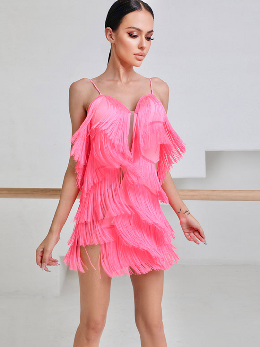 ZYM Dance Style Body Twist Fringe Dress #2118 with High Waist Cutout and Layered Fringe Details Available in 3 Colors PRA 704 in Stock