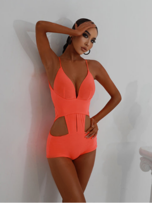 ZYM Dance Style Sexy Seal Bodysuit #2214 Neon Orange Bodysuit with Deep V-Neckline, Sleek Cutouts, and Open Back PRA 807 in Stock