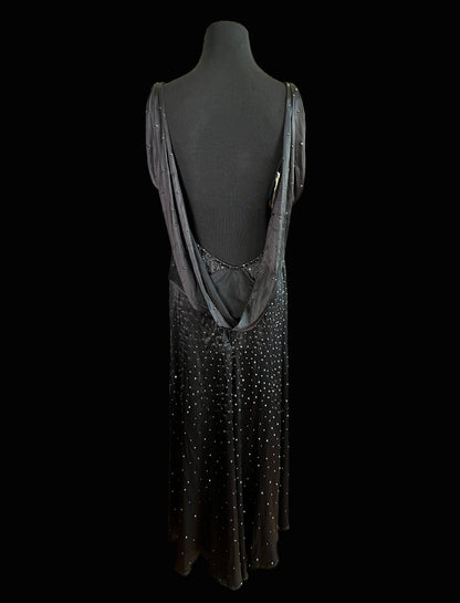 Black Smooth Ballroom Dress Covered in Crystals with Open Back, High Slit in Skirt, and Back Draped Detail Sz S Smo159