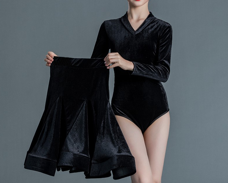 Girl's Black Velvet Two Piece Practice or Competition Long Sleeve Bodysuit and Latin Skirt You035 in Stock